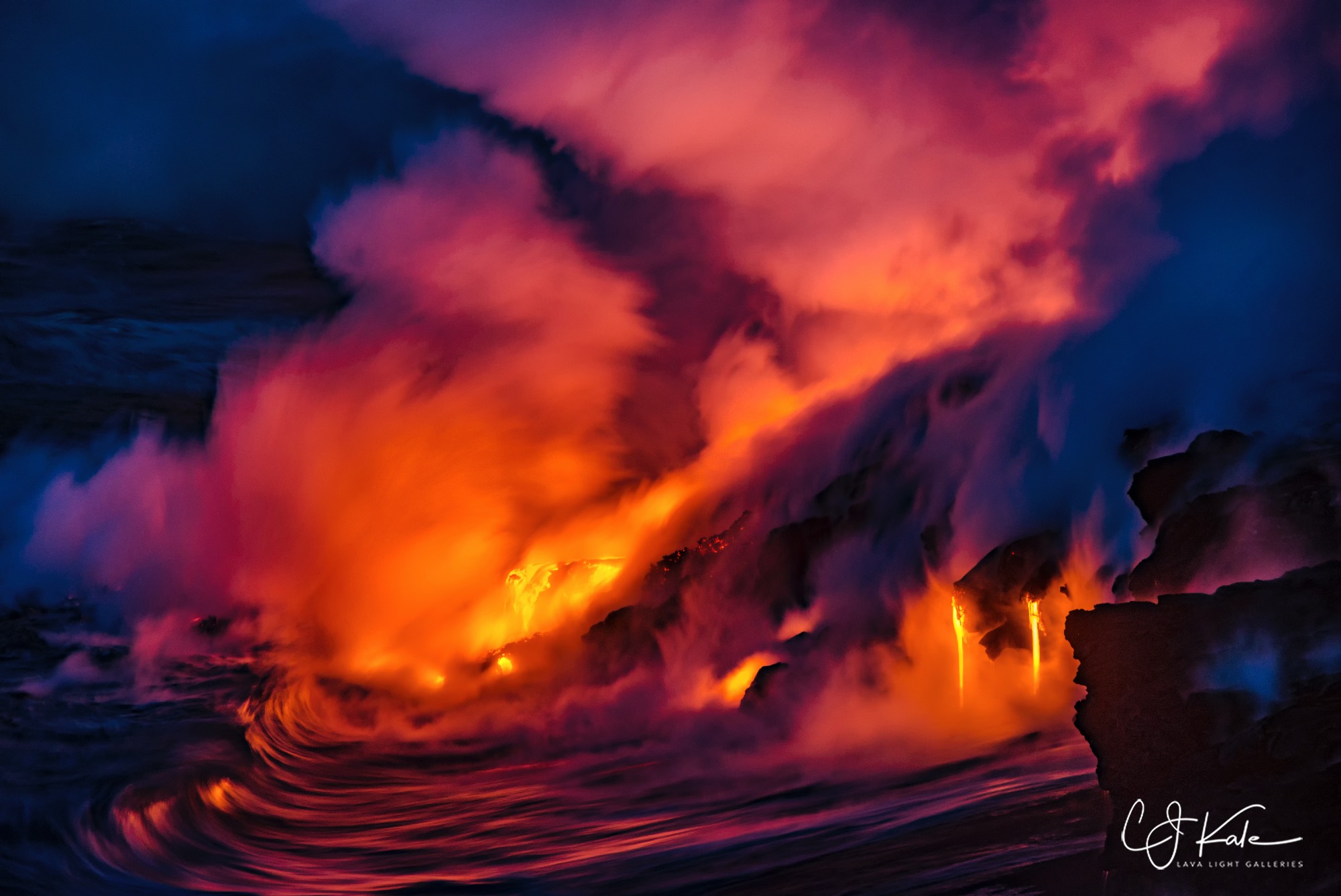 Lava drips and ocean waves.