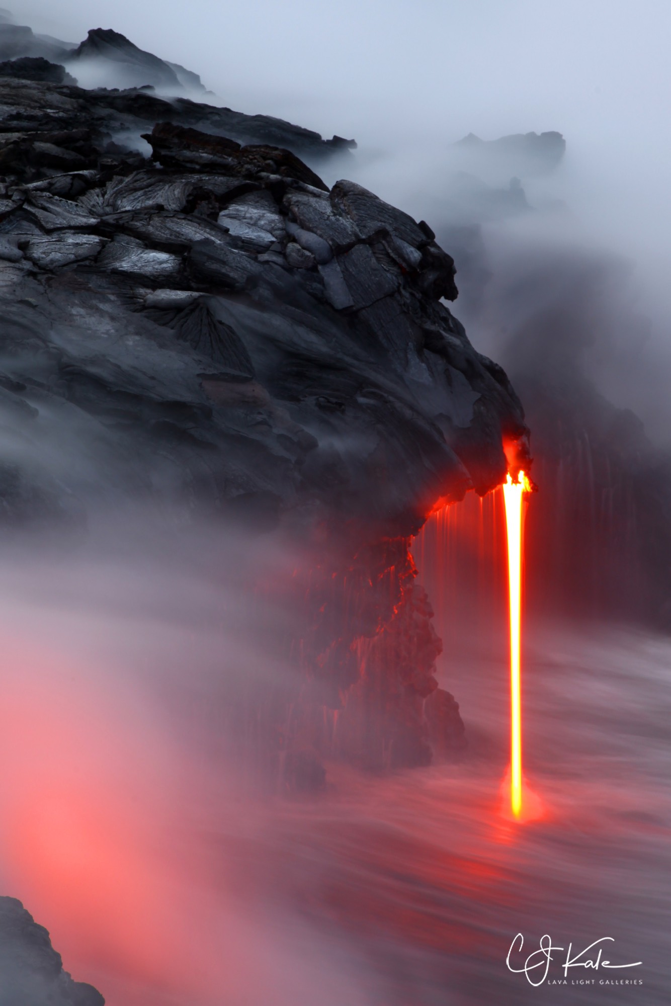 Lava dripping into the sea.