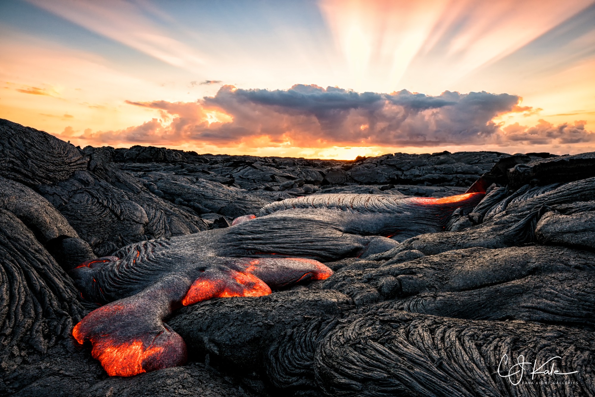 Found a lava breakout just as the sun was directly behind some early morning clouds.