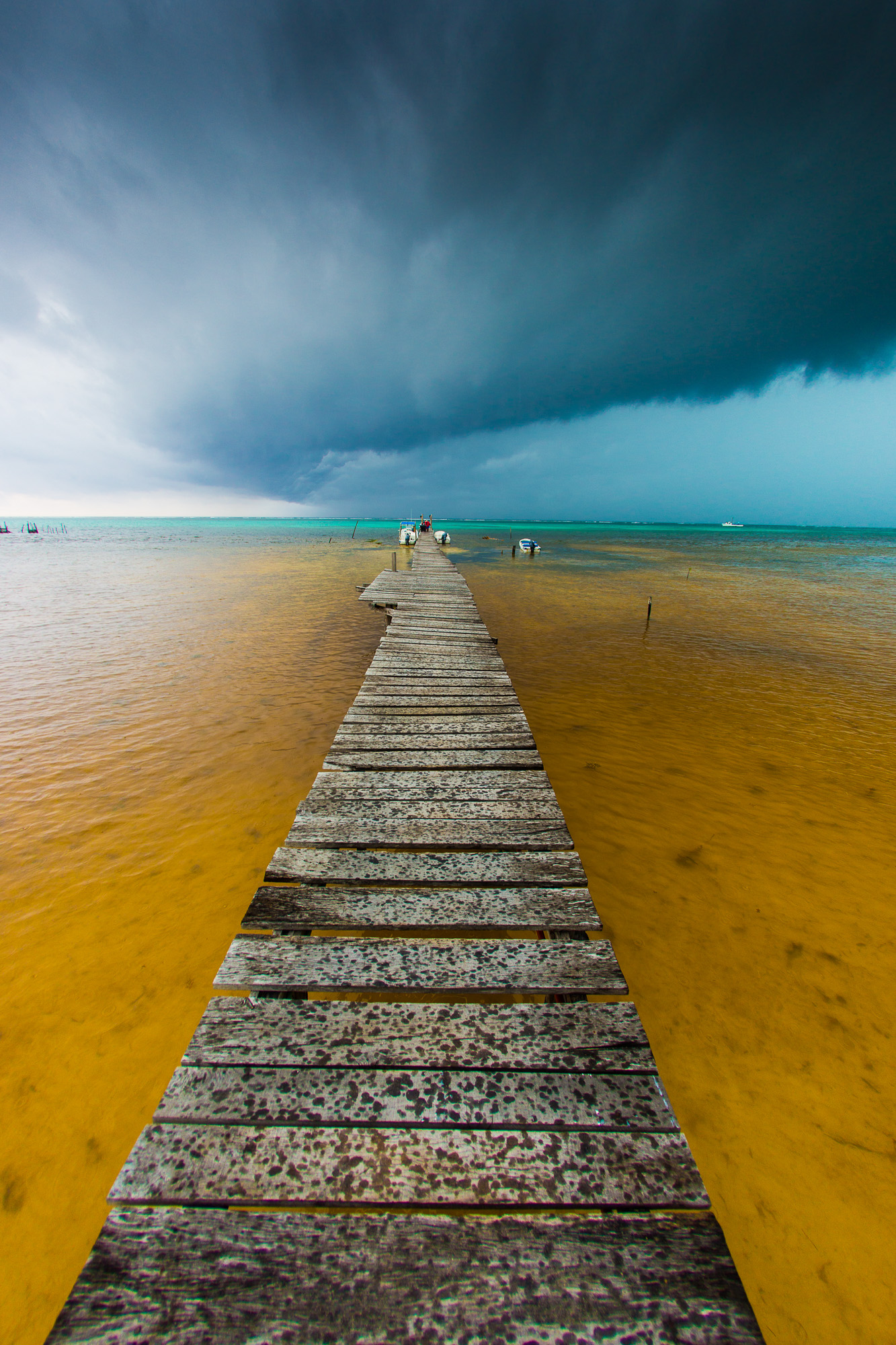 On dry land just ahead of the storm.